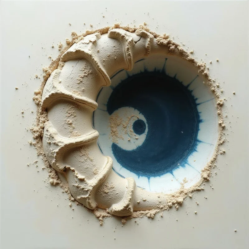 A dark blue, circular form with a swirling white interior sits nestled within a textured, crescent-shaped ridge of beige sand and clay. The composition features rough, granular textures on the outer rim contrasting against the smooth, fluid appearance of the central indigo shape. Soft, even light illuminates the scene, emphasizing the depth between the raised sandy edges and the recessed blue center.