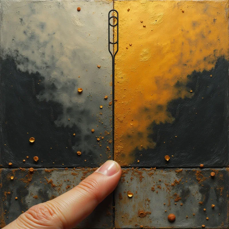 A vertical line divides a square composition into two halves, one featuring muted gray and white tones and the other vibrant ochre and gold. Both sides are textured with dark, cloud-like shapes and scattered small, granular particles of varying sizes. A human finger enters from the bottom left, positioned near the central dividing line against a background of mottled, earthy textures.