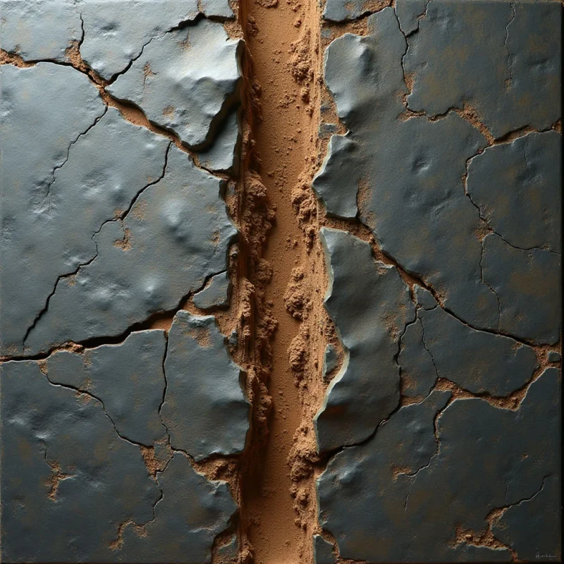 A vertical fissure of textured, tan-colored earth divides a dark gray surface composed of irregular, cracked plates. These slate-like shapes feature rugged, uneven edges and a matte finish that contrasts with the granular, sandy appearance of the central crevice. Light falls from the side, casting soft shadows within the cracks and emphasizing the three-dimensional relief between the dark segments and the earthen core.