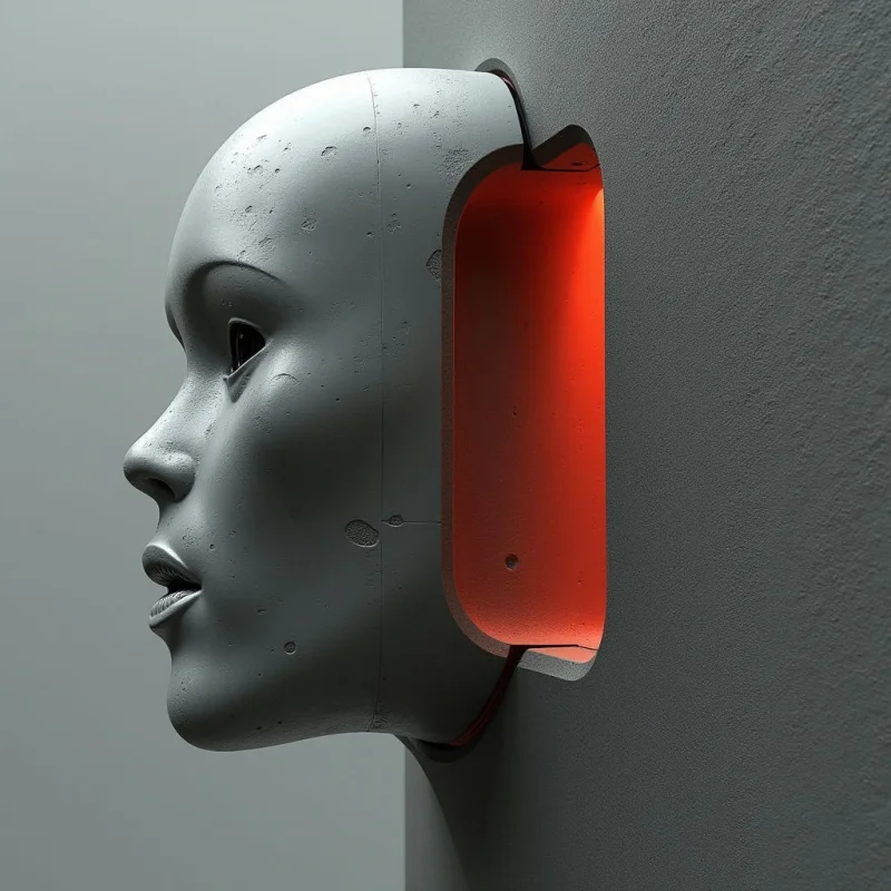 The image features a pale grey sculpted head in profile affixed to a dark grey wall, with a large rectangular opening carved out of the back of its form revealing an intensely orange interior space. The surfaces appear textured and slightly granular, contrasting the smooth curves of the face with the sharp angles of the cutout; light sources create highlights on the head’s features and illuminate the orange cavity. The composition is largely defined by geometric shapes—the rounded head, rectangular void, and planar wall—and a close proximity between these elements suggests limited depth within the overall scene.
