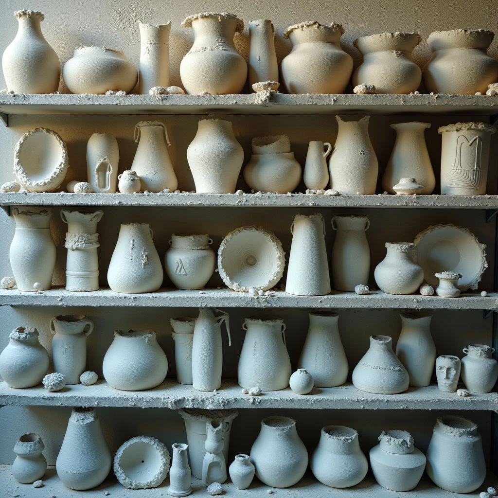 The image depicts five wooden shelves densely populated with a variety of unglazed ceramic vessels in shades of off-white and cream. The objects exhibit rough textures and irregular shapes—primarily rounded forms like jars, jugs, and pitchers—with some featuring carved or applied details; light falls unevenly across the collection, creating subtle shadows and highlighting surface variations. Vessels are arranged closely together on each shelf, with overlapping and varying depths suggesting a limited spatial recession behind the front row.
