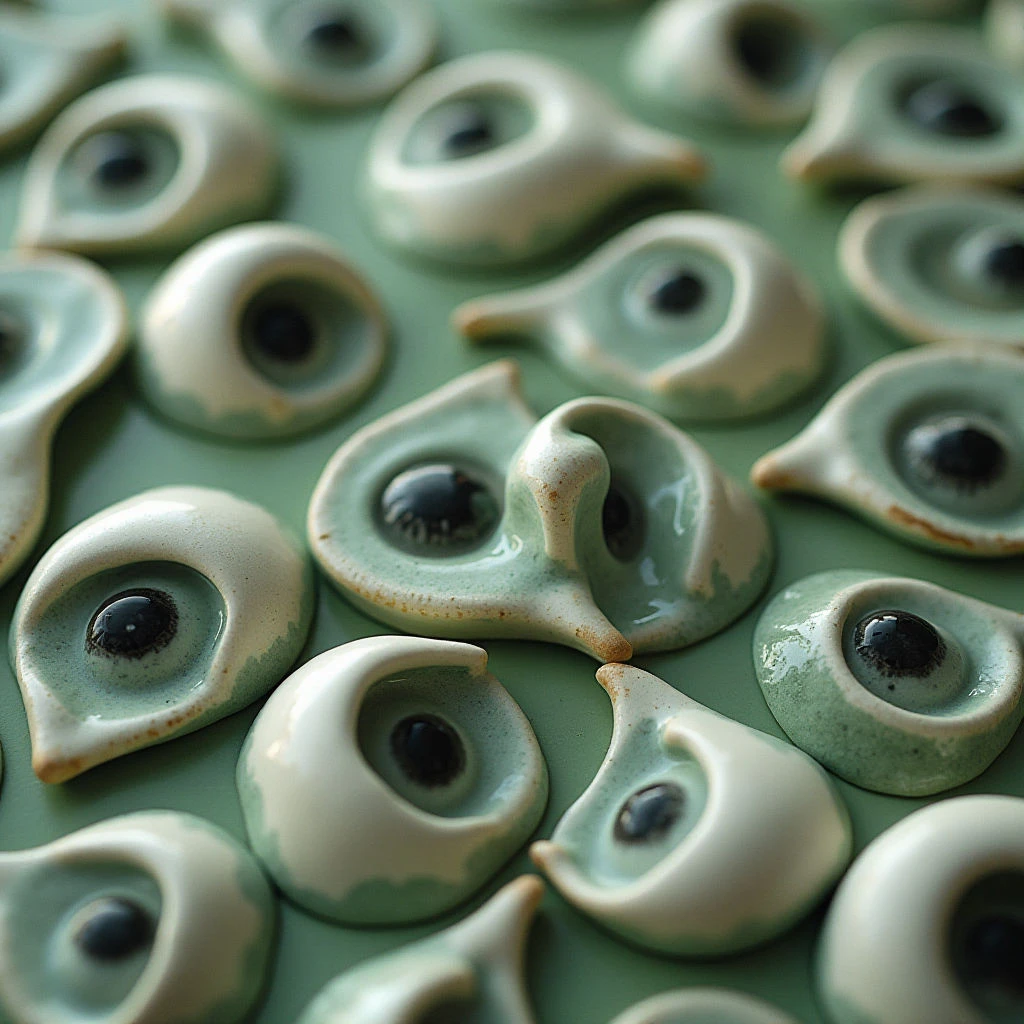 The image is dominated by a repeating pattern of eye-shaped forms in shades of pale green and white, with dark black centers. The surfaces appear slightly textured and uneven, suggesting a handmade quality, while subtle variations in glaze color add depth. Eyes are closely packed together across the frame, creating a dense, almost tessellated spatial arrangement with soft, diffused light casting gentle shadows within their contours.