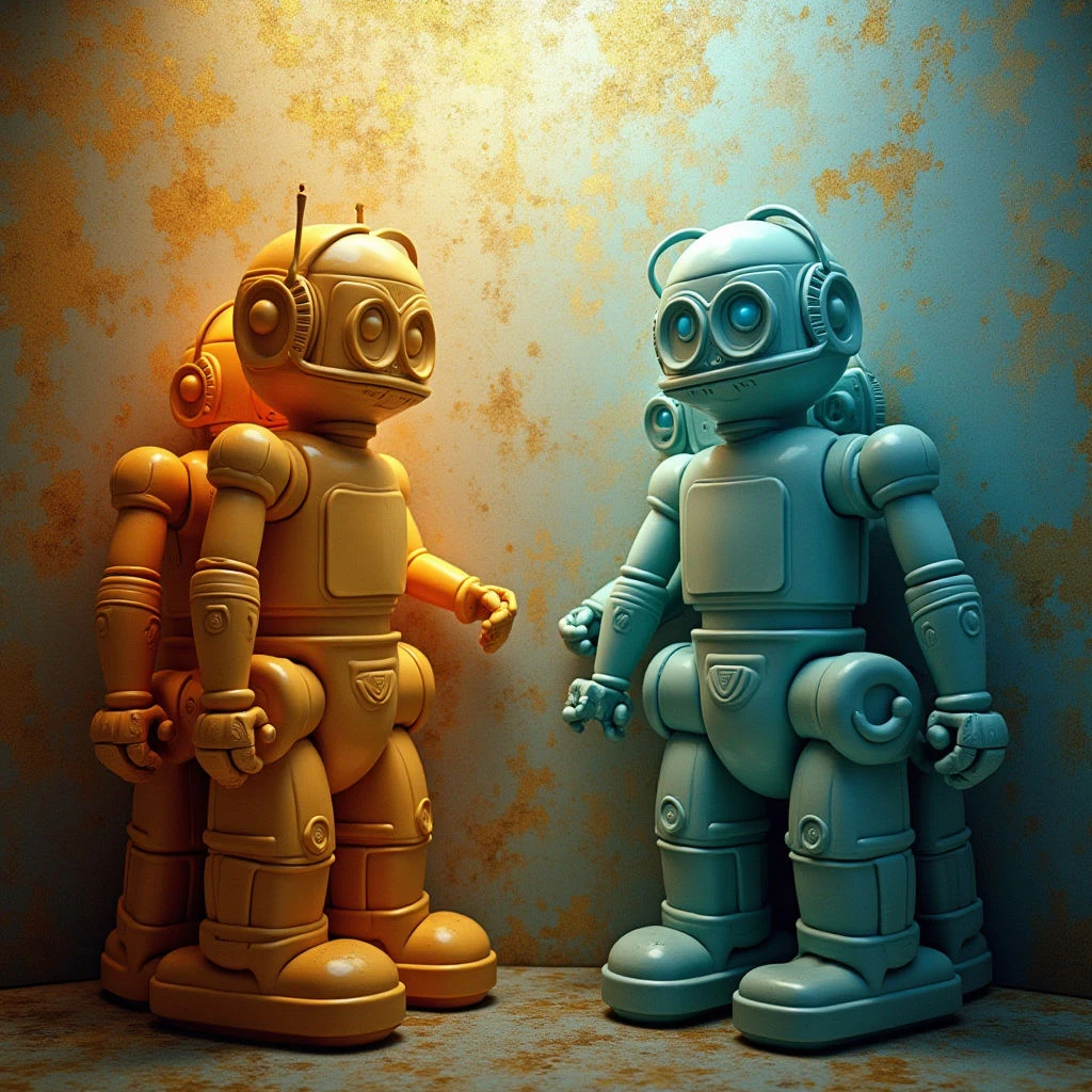 Two rounded robot figures stand side-by-side against a mottled wall transitioning from warm yellow to cool blue. The robots are primarily orange and teal in color with smooth, plastic-like textures and segmented limbs forming boxy shapes. A single light source casts highlights and shadows, defining the forms and creating a sense of depth within a confined space.