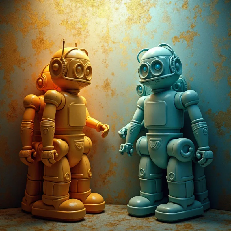 Two rounded robot figures stand side-by-side against a mottled wall transitioning from warm yellow to cool blue. The robots are primarily orange and teal in color with smooth, plastic-like textures and segmented limbs forming boxy shapes. A single light source casts highlights and shadows, defining the forms and creating a sense of depth within a confined space.