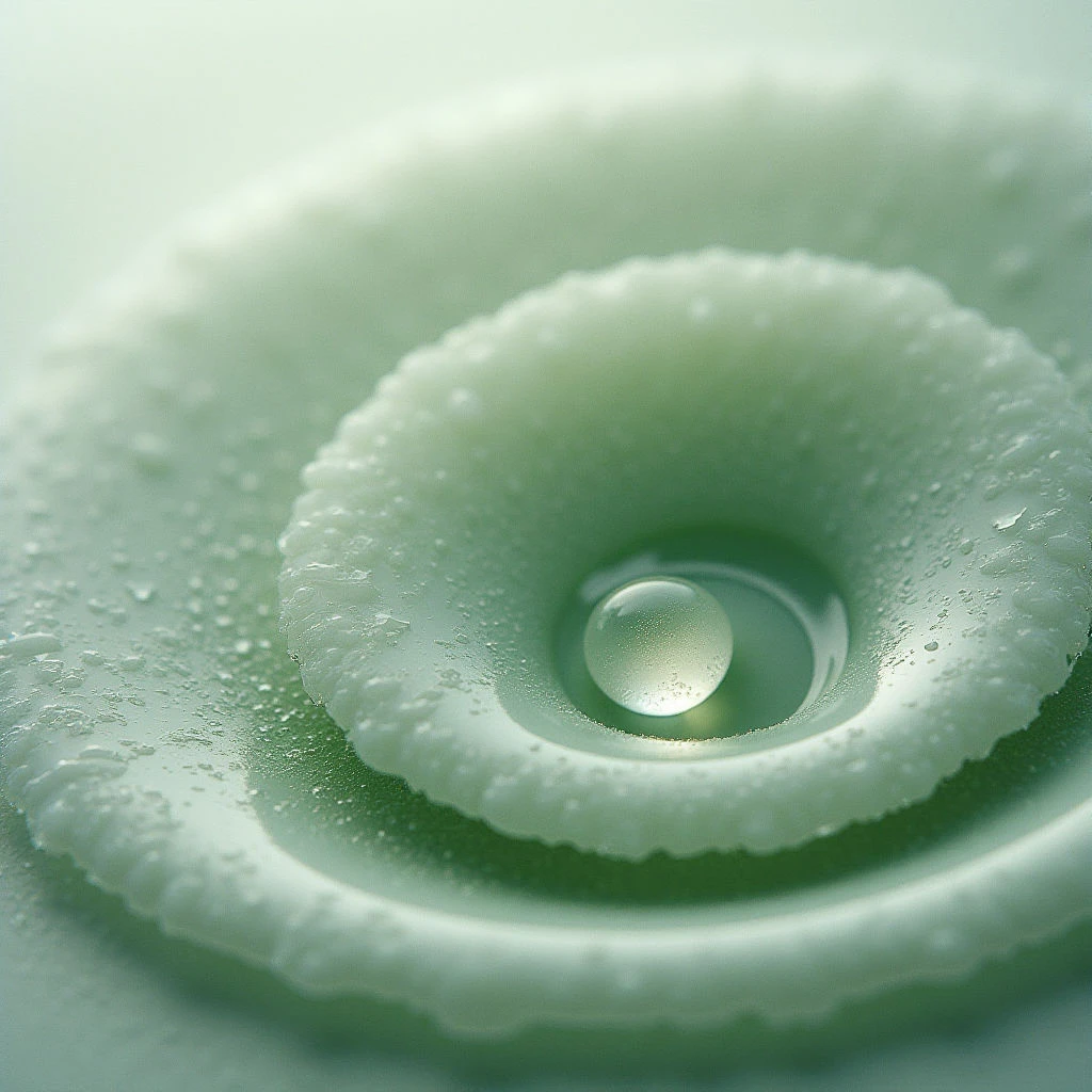 The image features a pale green color palette with variations in tone creating subtle depth. Concentric circular forms dominate the composition, appearing textured and slightly rough due to numerous small droplets covering their surfaces, while a smooth, clear droplet rests at the center. Soft, diffused light illuminates the scene evenly, minimizing strong shadows and highlighting the reflective qualities of the liquid elements.