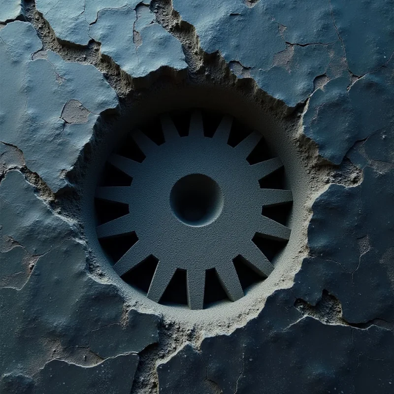 A dark blue, textured surface with jagged cracks surrounds a central circular indentation containing a gear-like shape with radiating spokes. The composition features high contrast between the deep shadows within the recessed elements and the matte finish of the cracked exterior. Light hits the raised edges of the fractures, emphasizing the rough, stony texture and the depth of the geometric void.