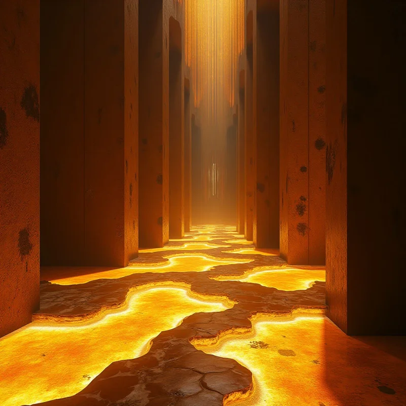 A corridor of tall, rectangular pillars in earthy terracotta tones frames a path of glowing, molten orange liquid that flows between cracked, dark stone textures. Bright light emanates from the flowing substance and descends in vertical, shimmering streaks from above, creating a strong sense of depth through linear perspective. The composition relies on the contrast between the solid, matte surfaces of the columns and the luminous, fluid shapes of the floor.