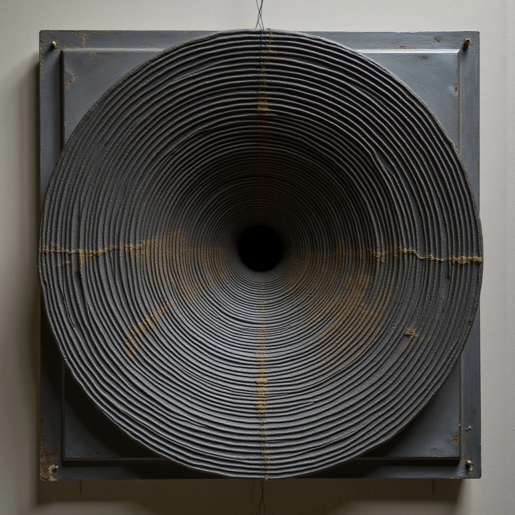 The artwork features a dark gray, circular form composed of numerous concentric ridges and valleys, creating a spiraling texture that draws the eye inward toward a central void. This circular element is mounted on a square, slightly lighter gray backing with visible hardware at each corner. Light appears to fall unevenly across the surface, emphasizing the depth and shadow within the ridged structure and highlighting subtle variations in tone.