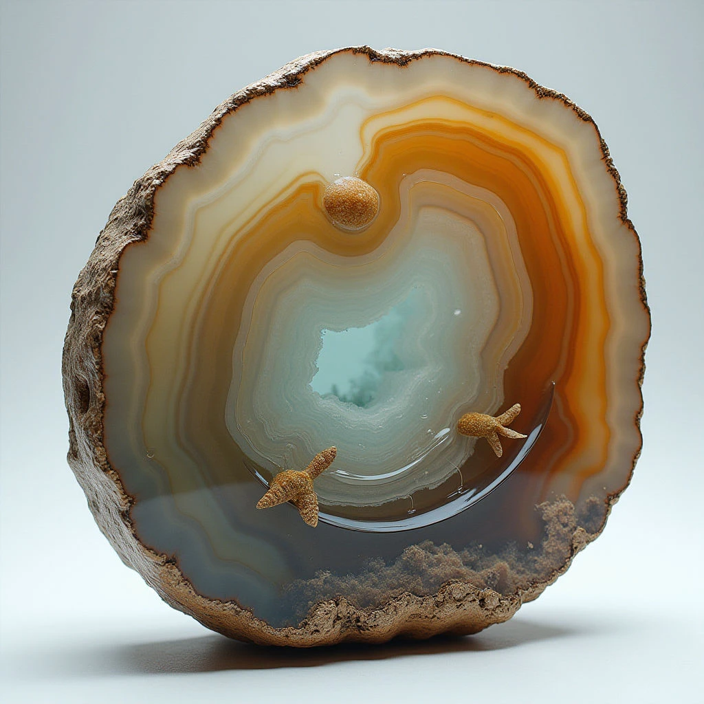The image depicts a roughly oval form with concentric bands of warm orange and cooler blue-green tones radiating from the center. A rough, textured outer edge contrasts with the smooth, polished layers within, which appear partially translucent and reflective. Small, golden starfish-like shapes are positioned along the lower portion of the central cavity, creating a sense of depth within the rounded space.