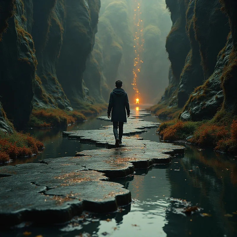 A solitary figure walks along a path of dark, jagged stone slabs that weave through calm, reflective water. The scene is framed by steep, mossy cliffs in shades of deep green and muted teal, illuminated by a soft, hazy light. A vertical trail of glowing golden particles descends from the misty sky toward a bright point on the horizon, creating a sharp contrast against the cool tones of the canyon.
