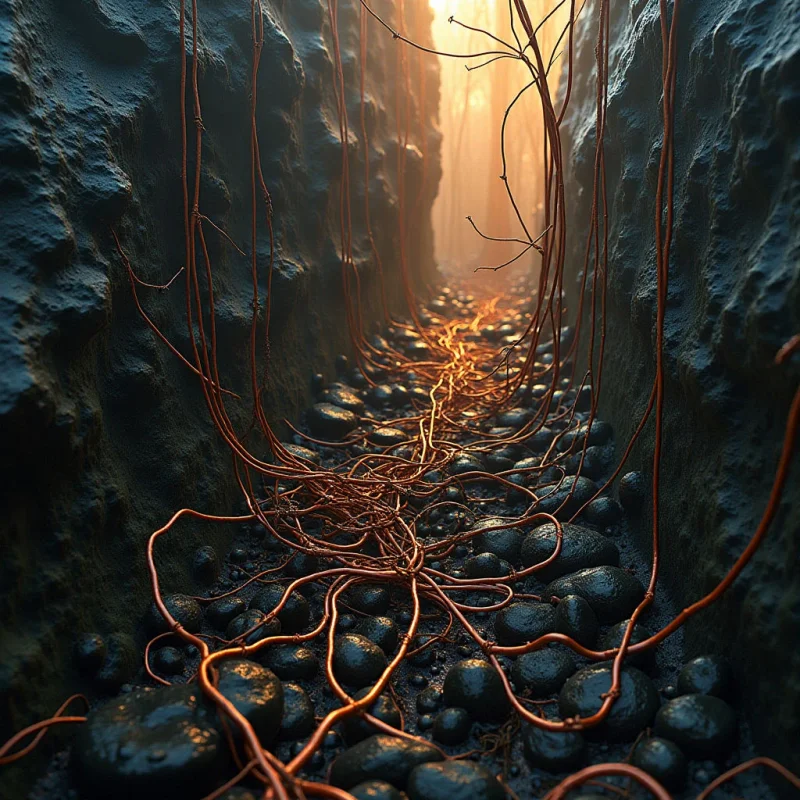 Thin, copper-colored vines weave through dark, rounded stones set within a narrow canyon of textured grey rock. Warm light filters from the distant background, illuminating the tangled lines and casting soft highlights on the wet surfaces. The composition creates a deep sense of perspective, drawing the eye along the winding paths toward a bright, hazy opening.