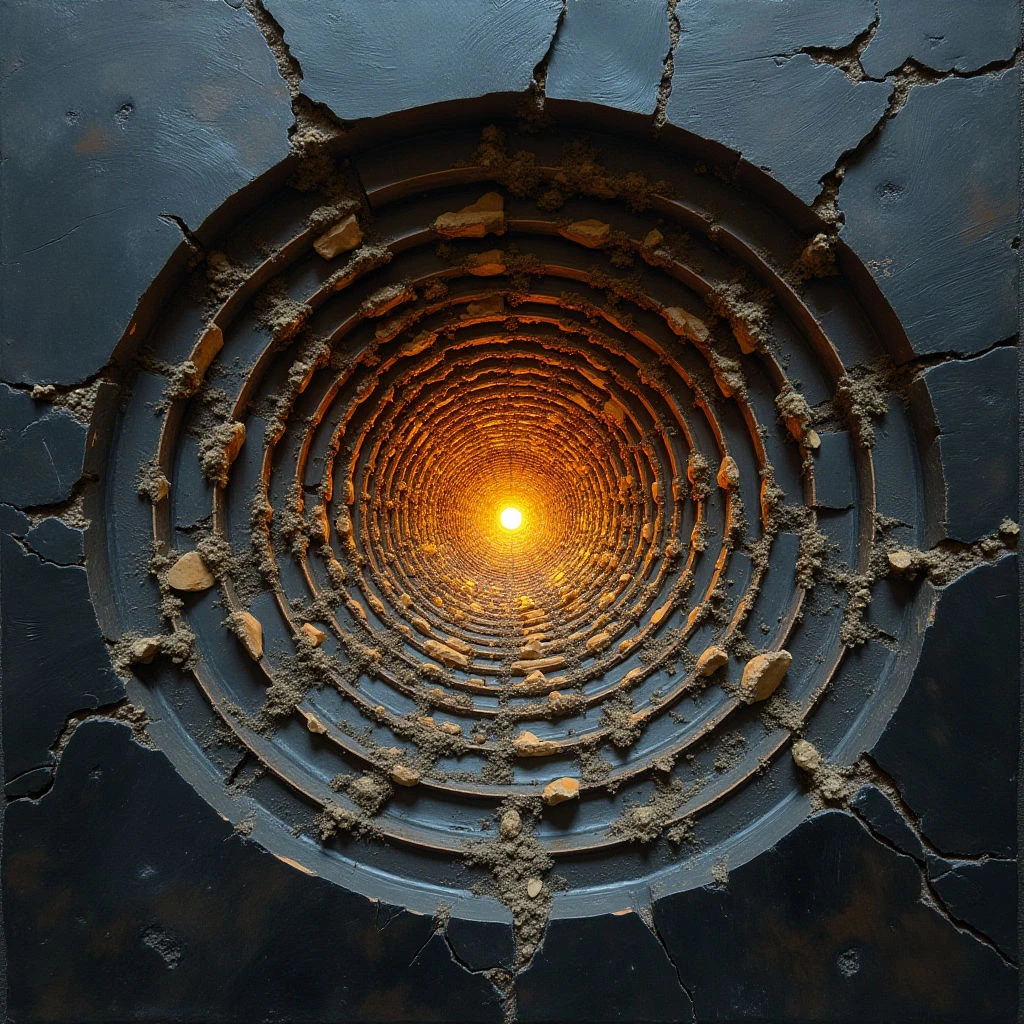 The image features a circular arrangement nested within a fractured dark surface. Concentric rings of varying texture—smooth, earthen bands interspersed with rough stone fragments—draw the eye inward toward a bright, central point of warm light. The spatial relationship suggests depth, as the rings appear to recede into a tunnel-like form emanating from the glowing core.