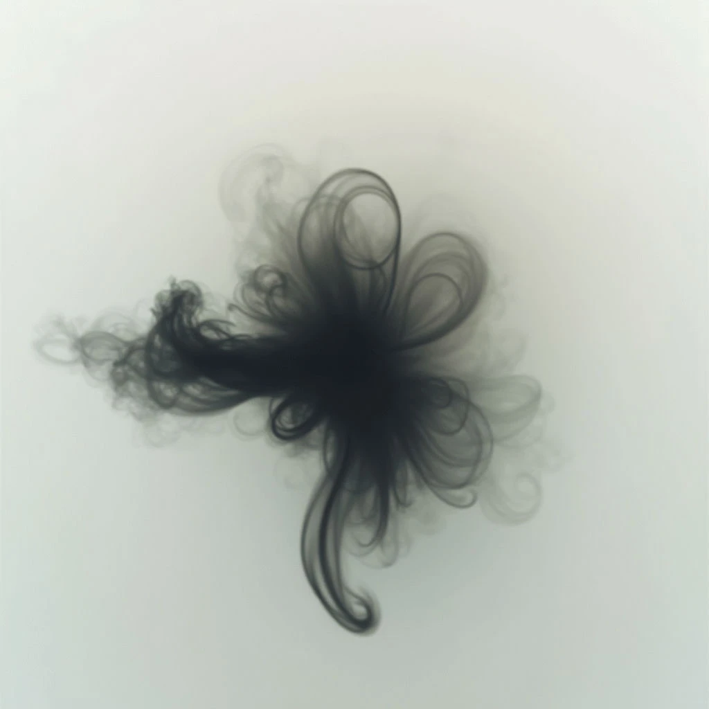 A dark, swirling shape dominates the center of a pale background. The form resembles an abstract flower or explosion, composed of wispy, curling lines that gradually fade into nothingness. It feels both delicate and powerful against the stark, neutral space.