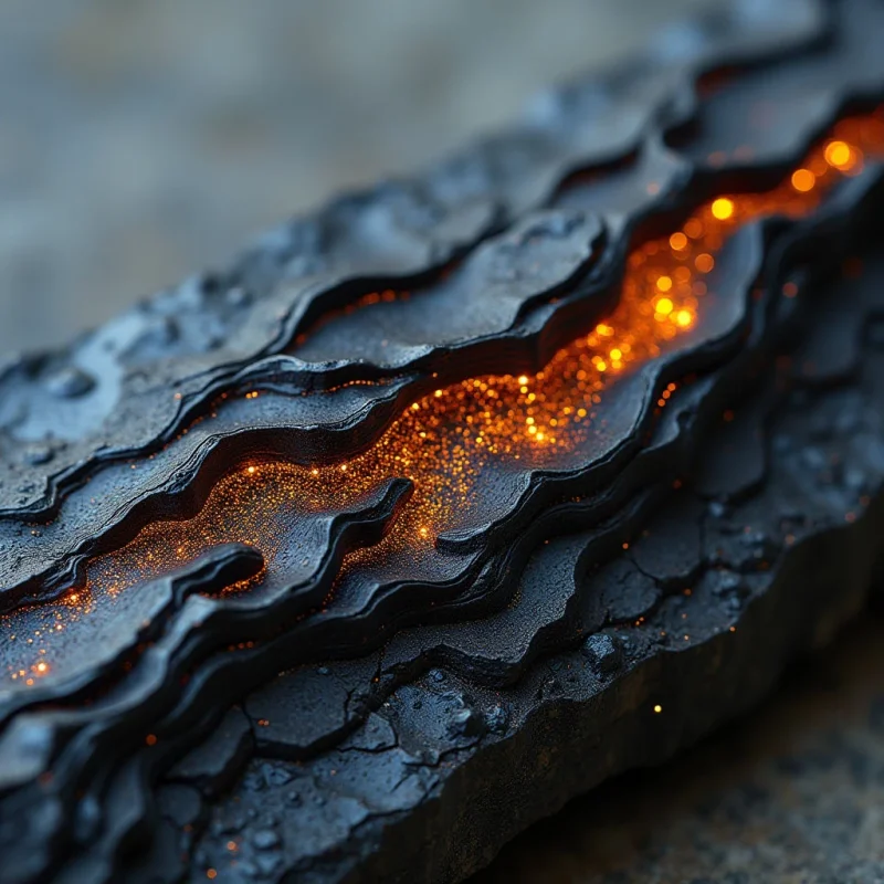 The image features a dark, textured surface with irregular, jagged edges and deep fissures filled with bright orange glowing particles. Cool gray tones dominate the surrounding areas while warm light emanates from within the cracks, creating contrast and highlighting the rough material. The composition is close-up, suggesting an intimate view of a linear form extending into blurred space beyond the frame.