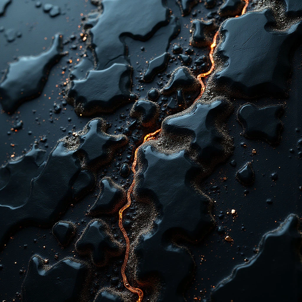 The image is dominated by dark blues and blacks with contrasting lines of orange luminescence tracing irregular fissures across a textured surface. The surface appears composed of interlocking, roughly polygonal shapes, each possessing subtle variation in height and covered in small, reflective droplets. Light sources create highlights on the raised forms and within the glowing cracks, suggesting depth and casting soft shadows throughout the composition.