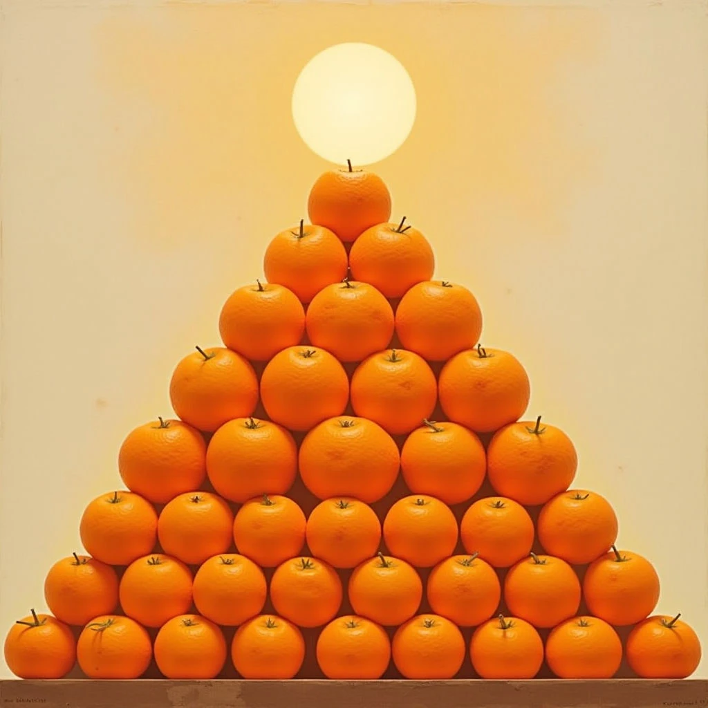 A pyramid of oranges dominates the frame, built against a pale, gradient background that shifts from cream to a warmer yellow towards the top. The oranges are uniformly textured with small pores and stems, arranged in neat rows that create triangular shapes within the larger form. A bright, circular light source is positioned directly above the apex of the pyramid, casting soft illumination across the scene and defining spatial depth.