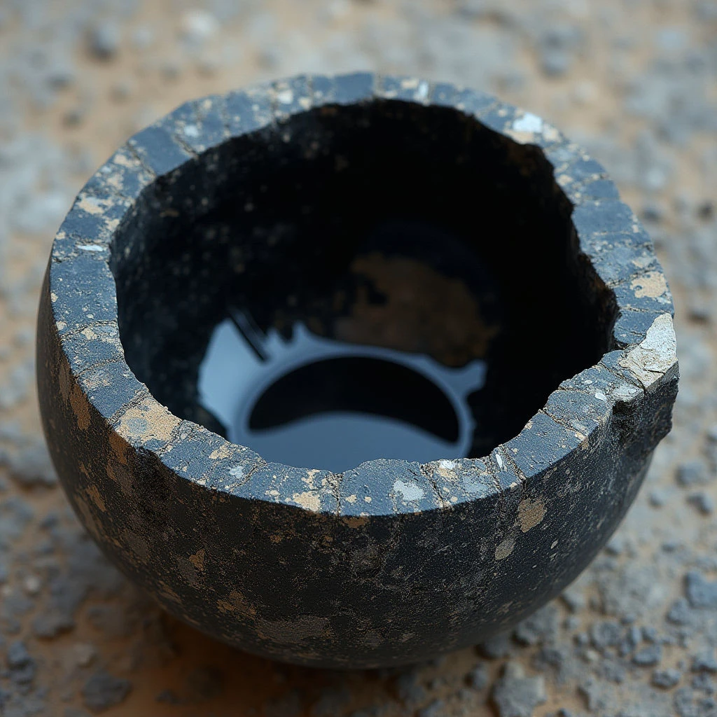 The image features a dark, roughly spherical object with a lighter, textured rim set against a tan and brown granular surface. The interior of the sphere is almost entirely black, reflecting distorted shapes from its surroundings—a patch of light and indistinct forms are visible within a pool of liquid. Light sources create highlights on the rim's uneven surface and cast subtle shadows within the bowl’s cavity, emphasizing its depth.