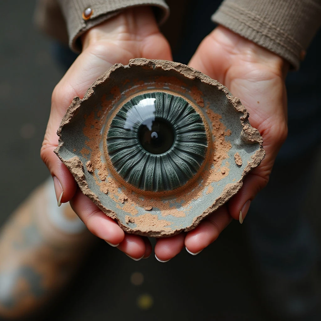 The image centers on a roughly circular form resembling an eye held in two open hands. Earth tones—browns and tans—dominate the palette, with variations in texture ranging from smooth, glossy surfaces within the “iris” to rougher, fragmented edges surrounding it; the skin of the hands appears soft and subtly wrinkled. Light reflects strongly off the central pupil and creates gentle shadows across the hands and the object’s surface, suggesting a close proximity to a light source and a shallow depth of field with focus on the eye-like form.