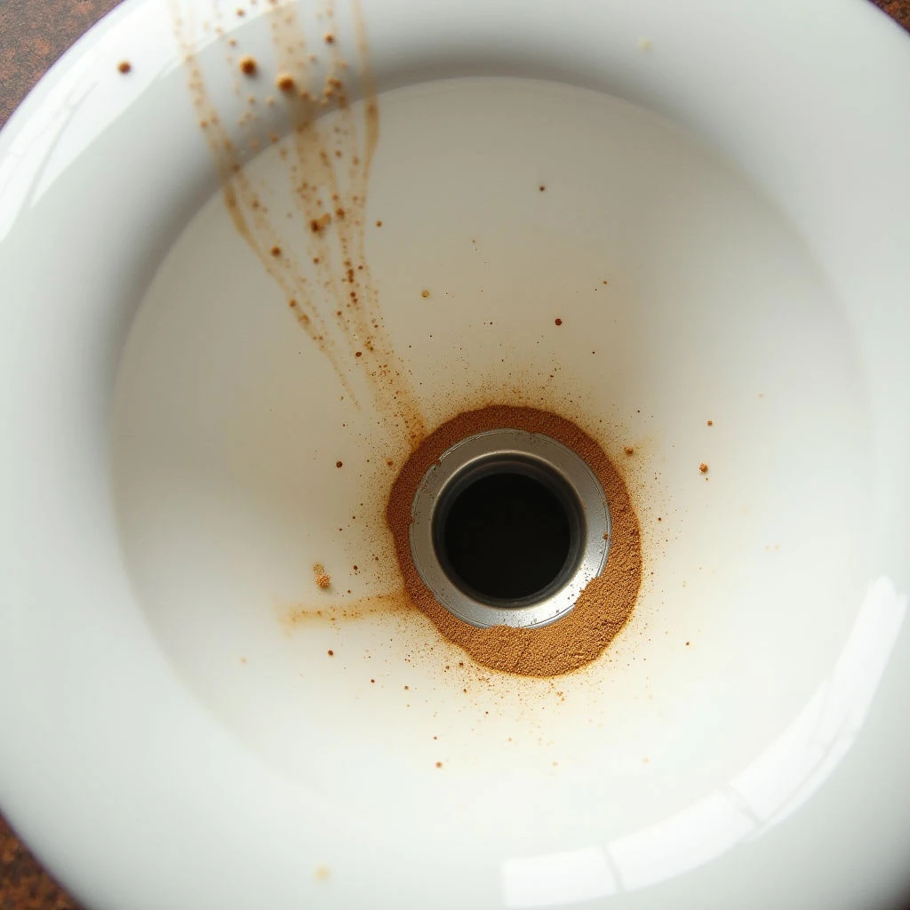 The image features a predominantly white, concave surface with scattered brown speckles and streaks. A dark circular opening is centered within the composition, surrounded by a ring of fine brown powder that extends outwards onto the surrounding plane. Light reflects unevenly across the glossy surface, creating highlights and subtle shadows that emphasize its curved form.