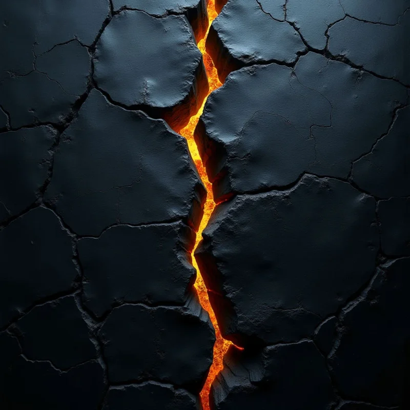 A jagged, glowing orange fissure splits a dark, textured charcoal surface vertically through the center. The surrounding material is composed of irregular, matte black polygonal shapes with fine, web-like cracks branching outward. Intense light emanates from within the central crevice, creating high contrast against the deep shadows and rough, stony textures.