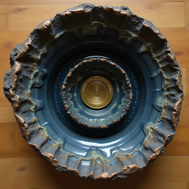 The piece is primarily composed of dark blues and browns with a metallic gold center element. The texture appears rough and uneven around the edges, contrasting with smoother, swirling patterns within the blue interior, and the raised, detailed ring surrounding the central disc. Shapes are largely organic and circular, with an overall bowl-like form that creates a sense of depth; light subtly highlights the variations in surface texture and emphasizes the concentric arrangement of forms.
