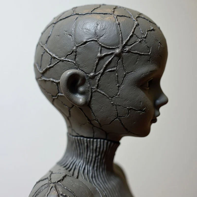 The image depicts a bust of a head in shades of muted gray and brown, with darker tones defining crevices and shadows. The surface texture is heavily cracked across the skull and neck, contrasting with smoother areas around the face and ear, while ribbed detailing appears on the turtleneck garment. Soft, diffused light illuminates the profile, creating subtle gradients and emphasizing the three-dimensional form against a plain, lighter background.