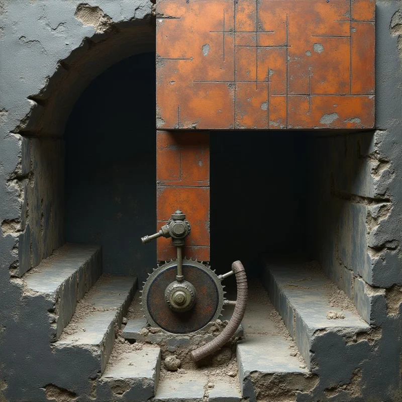 A large, rust-colored rectangular panel with grid-like etchings dominates the upper right, positioned above a dark, recessed alcove. Below it, a weathered metallic gear mechanism sits amidst gray, crumbling stone steps and textured debris. The scene is defined by sharp geometric shapes contrasting with rough, irregular textures under soft, directional light that creates deep shadows within the crevices.