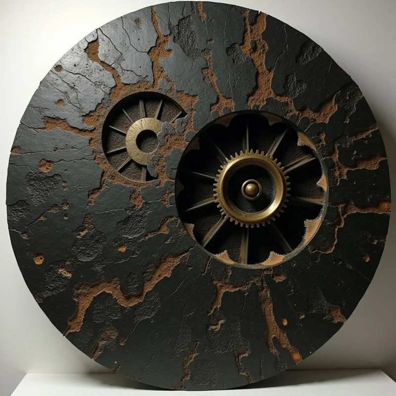 A large, dark circular disc features irregular, jagged fissures filled with a coarse, reddish-brown texture that contrasts against the smooth, matte black surface. Within these openings, metallic bronze gears and cogwheel elements are partially revealed, creating deep shadows through their layered, geometric shapes. The composition relies on the spatial interplay between the flat outer plane and the recessed, mechanical circular voids.