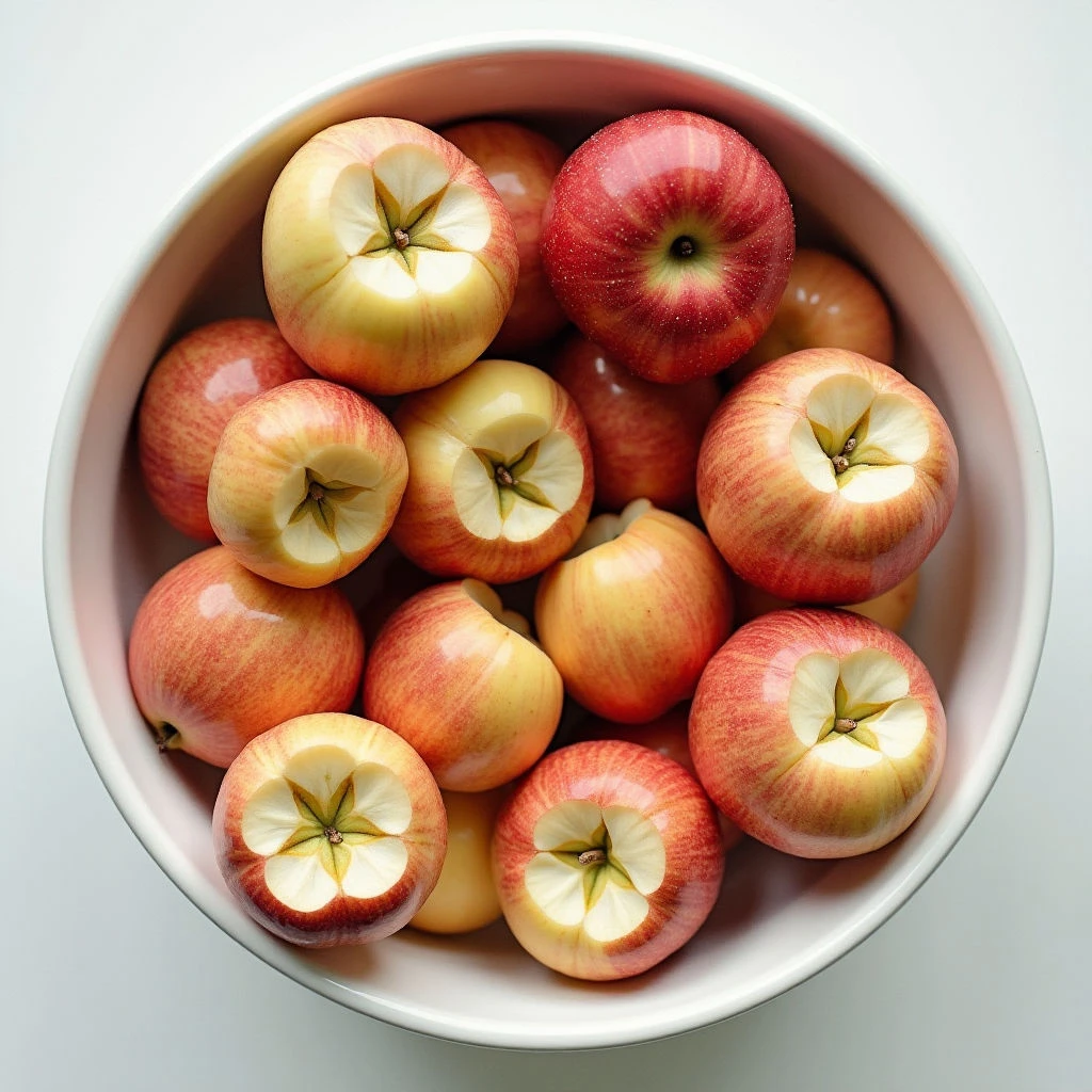 A white bowl is filled with halved apples, showcasing their star-shaped cores. The apples are a mix of red and yellow hues, with some exhibiting a gradient between the two colors. They are closely packed together within the bowl against a bright white surface.