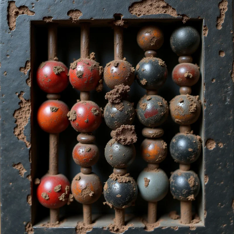 A dark frame contains vertical rods holding spherical beads in shades of deep red, burnt orange, charcoal, and muted grey. Coarse, granular brown textures are scattered across the surfaces of the beads and the edges of the frame. The composition is a tight, frontal arrangement with soft light highlighting the rounded volumes and gritty particles against a shadowed background.