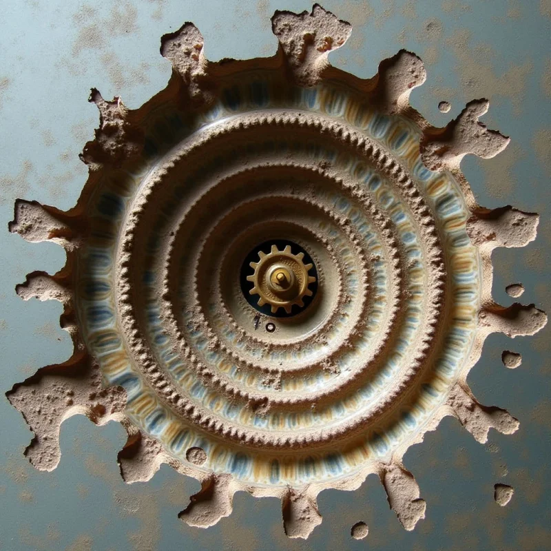 Concentric rings of ridged, cream and blue textures spiral inward toward a central metallic gear set against a pale teal background. Irregular, sandy-textured protrusions radiate outward from the circular form like jagged starbursts or liquid splashes. Soft, diffused light creates subtle shadows within the grooves and highlights the granular surfaces of the protruding shapes.