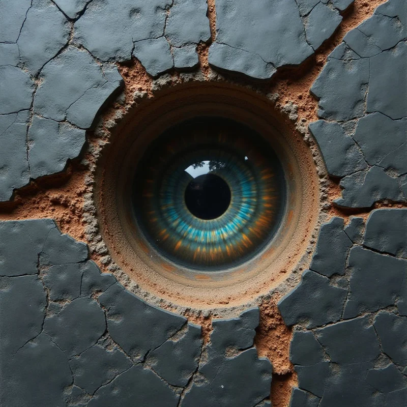A large, detailed blue and amber eye is centered within a circular opening of a dark gray, cracked surface. The surrounding material features rough, earthen textures in shades of terracotta that contrast with the smooth, reflective surface of the iris. Jagged fissures radiate outward from the central aperture, creating a fragmented spatial relationship between the organic eye and the stony exterior.