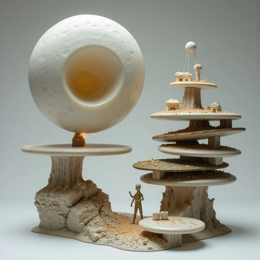 The scene is dominated by a palette of off-whites and pale tans, with a warmer golden hue visible within the central hollow form. Rough, pitted textures contrast with smoother, layered surfaces in the stacked structures and base elements, creating visual interest across organic shapes resembling rock formations and tiered platforms. Soft, diffused light illuminates the composition, casting subtle shadows that suggest depth and spatial separation between the various components and a diminutive figure.