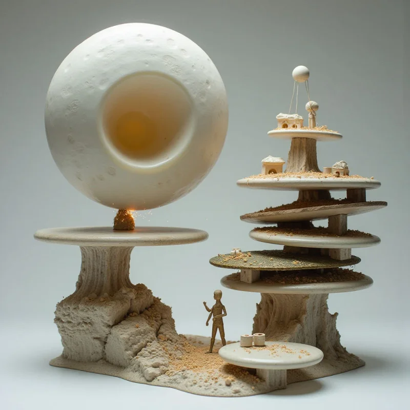 The scene is dominated by a palette of off-whites and pale tans, with a warmer golden hue visible within the central hollow form. Rough, pitted textures contrast with smoother, layered surfaces in the stacked structures and base elements, creating visual interest across organic shapes resembling rock formations and tiered platforms. Soft, diffused light illuminates the composition, casting subtle shadows that suggest depth and spatial separation between the various components and a diminutive figure.