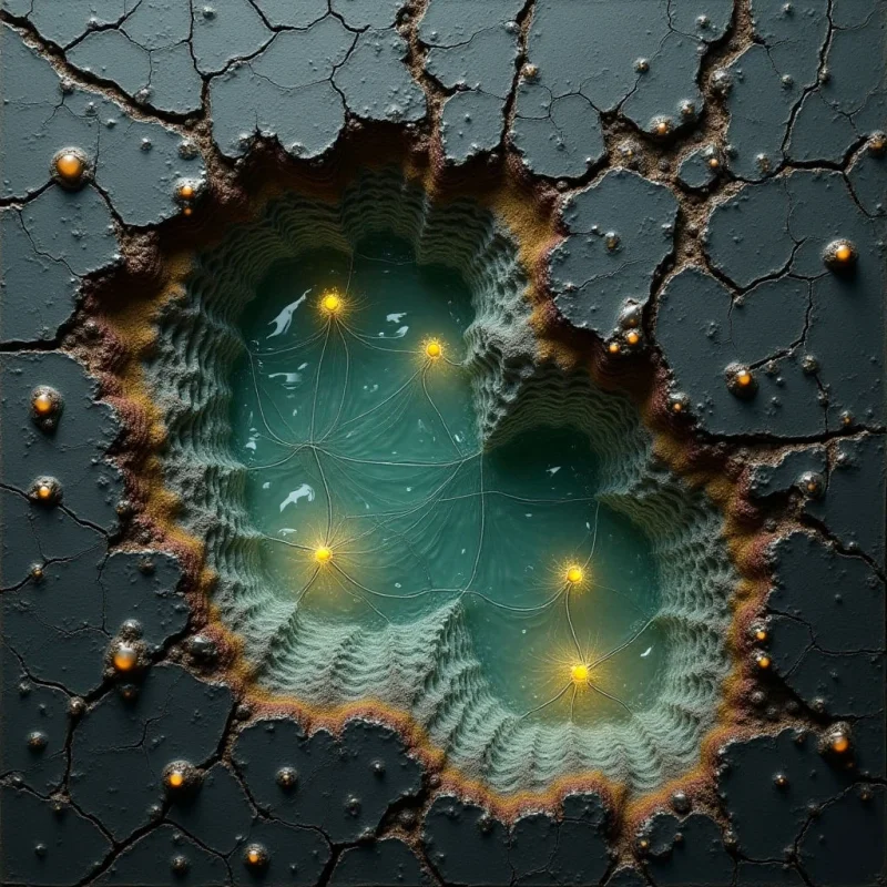 The image features a dark teal and brown color palette with a central recessed area containing rippling water illuminated by small, bright yellow orbs connected by faint lines. A heavily cracked, textured surface surrounds the water, punctuated by numerous rounded protrusions along the edges of the fissures; these protrusions share the same yellow coloration as the lights within the recess. Light appears to emanate from both the orbs and a subtle glow around the central water area, creating depth and contrast against the rough exterior texture.
