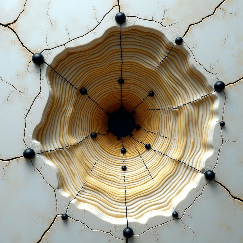 The image features a central circular form composed of concentric rings in shades of pale yellow and brown, darkening towards the center which is a solid black void. This circle is set within a cracked, off-white field with delicate, branching lines radiating outwards to connect with dark spherical shapes positioned around the perimeter. Light appears soft and diffused, creating subtle shadows that emphasize the texture of both the smooth rings and the fractured surface surrounding them.