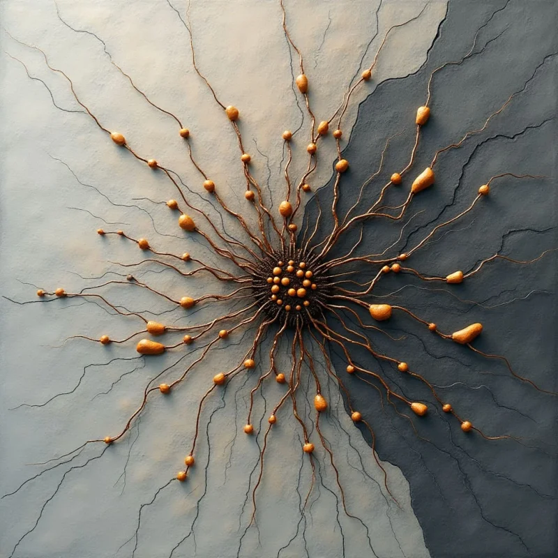 Thin, dark, undulating lines radiate from a central cluster of small, golden-brown organic spheres across a split background of pale cream and charcoal gray. The composition features a textured, cracked surface where the light-colored and dark-colored sections meet in an irregular diagonal boundary. Small, pebble-like shapes are scattered along the length of the radiating lines, creating a sense of outward movement from the dense center.