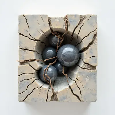 The image features a roughly square form constructed from a pale beige material with extensive cracking and fragmentation throughout its surface. Within the central cavity of this structure are four dark gray spherical objects interwoven with thin, rope-like strands of brown fiber. Light appears to be diffused evenly across the scene, casting subtle shadows within the recess and highlighting the textural variations of both the fractured base and smooth spheres.