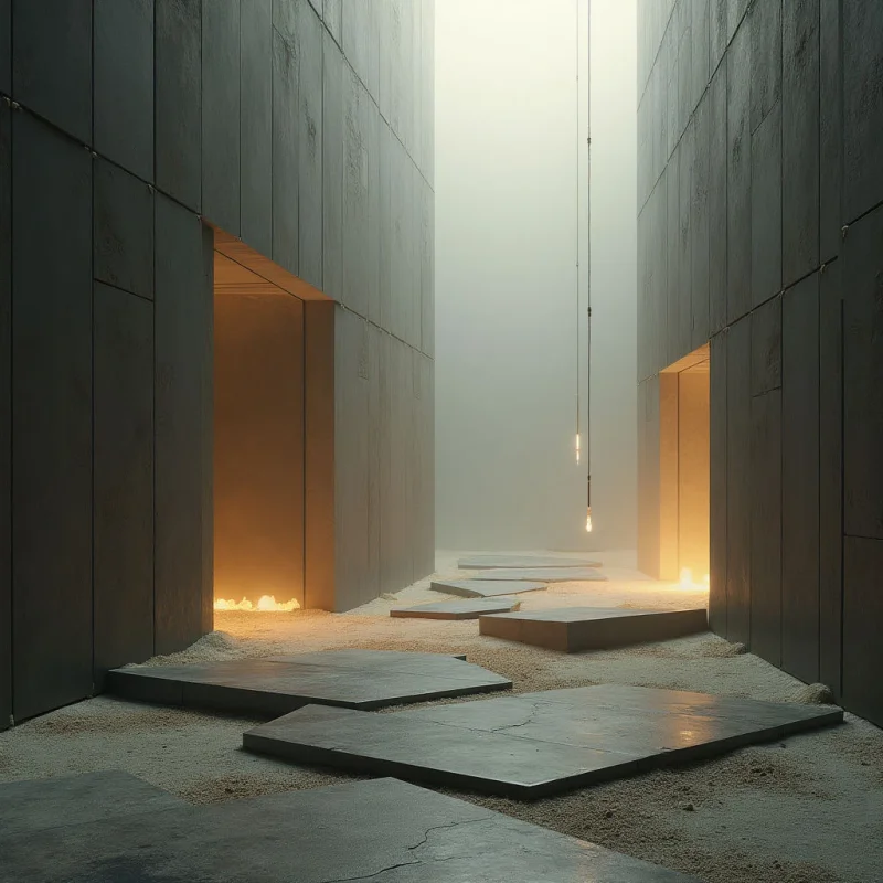 Tall, dark gray rectangular walls frame a central pathway of large, flat stone slabs laid across pale, sandy ground. Warm light glows from within recessed alcoves and hangs from thin vertical lines as small, singular points of brightness against a soft, white void. The composition is defined by stark verticality, geometric shapes, and a high-contrast relationship between the heavy textures of the walls and the ethereal lightness of the background.