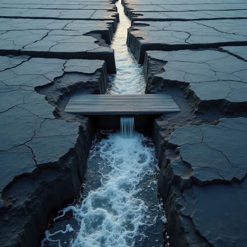 A narrow stream of churning white water flows through a deep fissure in dark, cracked earth. A simple wooden plank bridge spans the gap in the midground, creating a horizontal element against the vertical line of the stream. The scene is characterized by the rough, matte texture of the parched ground contrasted with the fluid, sparkling motion of the water under soft, even light.