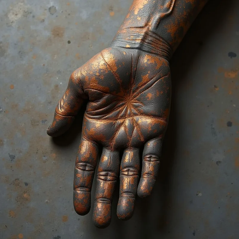 A metallic, copper-toned hand with a weathered and textured surface rests against a dark, mottled grey background. The composition features deep crevices and fine lines across the palm and fingers, catching soft light that emphasizes its three-dimensional form. The hand is positioned diagonally, creating a sense of depth against the flat, speckled backdrop.