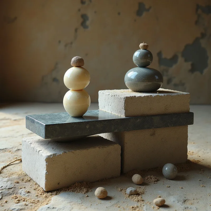 Smooth, spherical stones in cream and slate gray are stacked vertically atop rectangular, textured stone blocks of varying sizes. The composition uses a muted palette of beige, tan, and dark gray under soft, directional light that casts gentle shadows across the sandy ground. A horizontal dark slab creates a layered spatial relationship between the two primary vertical stacks.