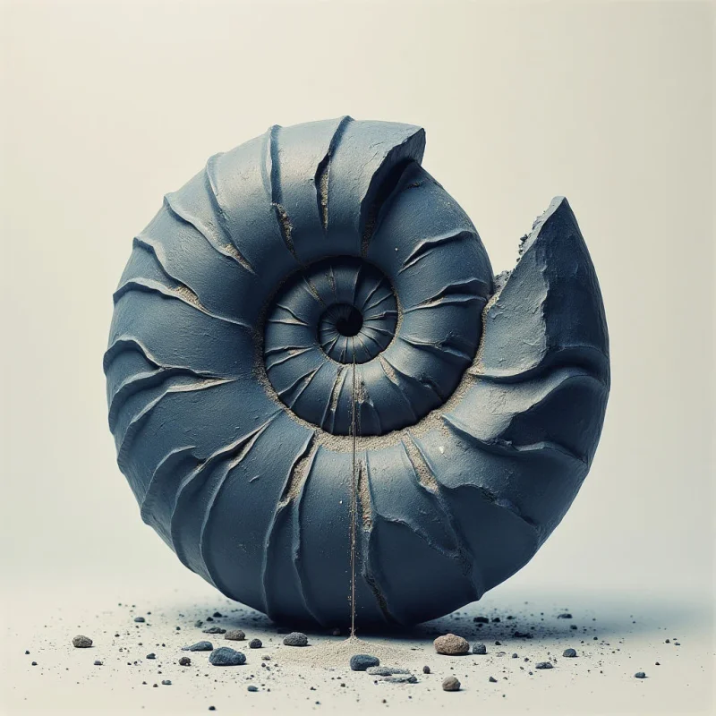 A large, dark blue spiral shell with a matte, stony texture sits centered against a pale, off-white background. Deep grooves and jagged, broken edges create rhythmic curved shapes that radiate from the center of the form. Soft, diffused light casts gentle shadows within the crevices, while small dark pebbles are scattered around the base on a flat surface.