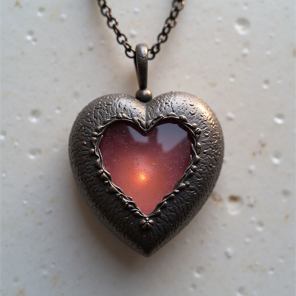 The image features a dark, textured heart-shaped pendant suspended from a chain against a pale, speckled surface. A warm red glow emanates from the central opening of the pendant, contrasting with the cool gray tones of the metalwork surrounding it. Small droplets scatter across the background plane, creating highlights and suggesting a shallow depth of field.