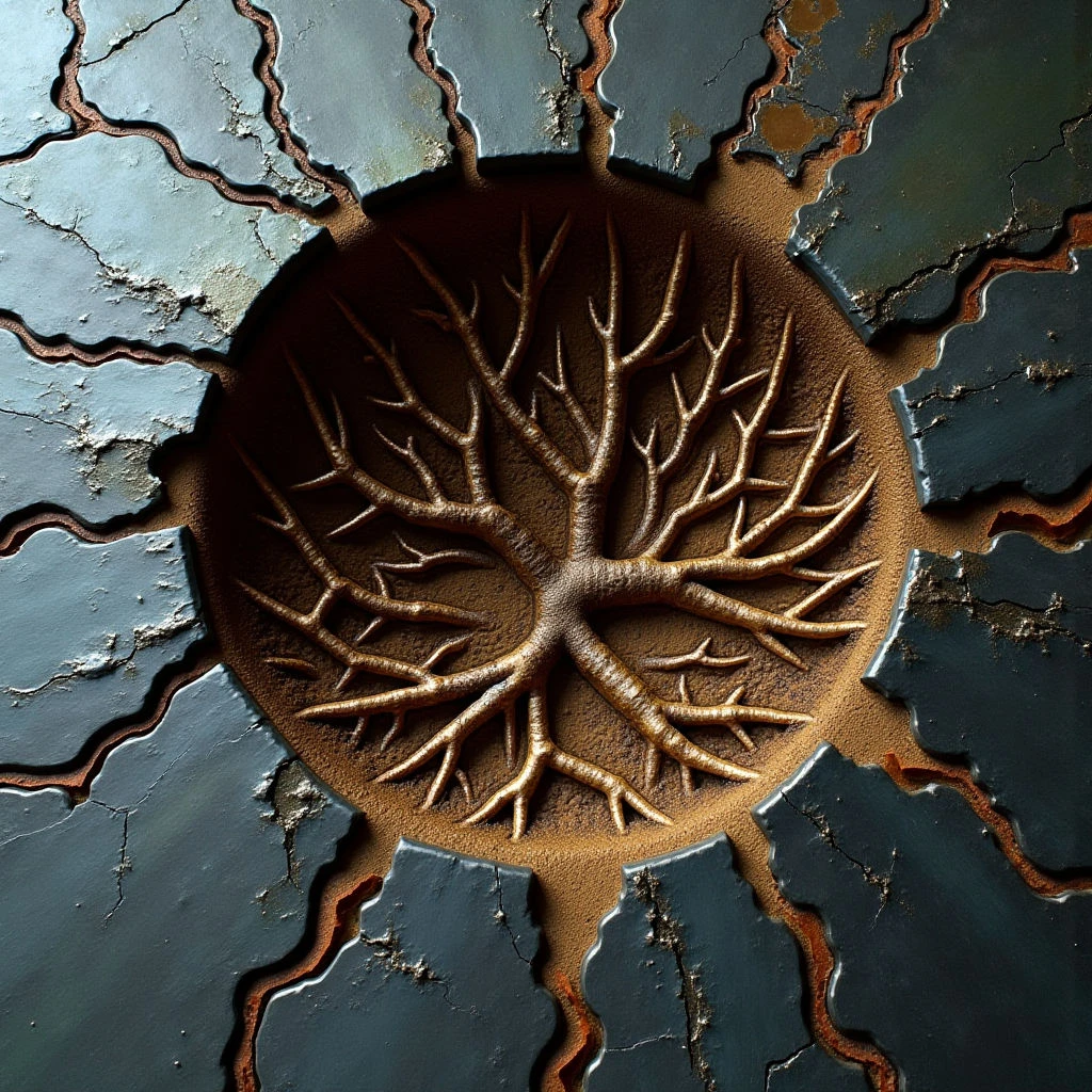 The image features a central circular indentation filled with a detailed, raised relief of tree roots in shades of brown and tan. This recessed area is surrounded by jagged, dark blue-grey stone fragments with orange outlining, exhibiting a rough, cracked texture. Light appears to be focused within the circle, creating strong shadows and highlighting the depth of the root structure against the flatter surfaces of the surrounding stone.