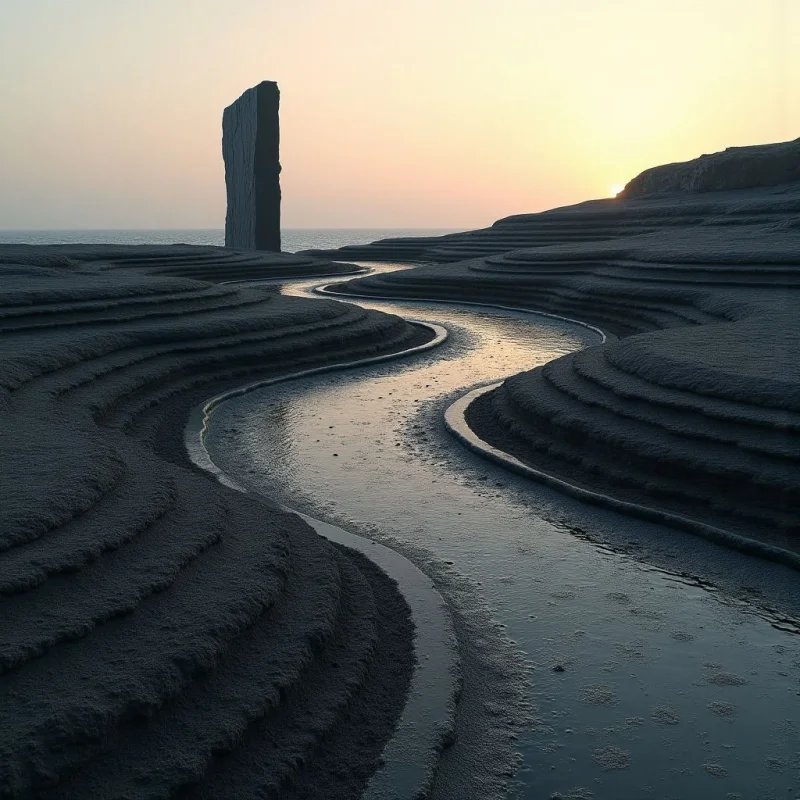 A winding, reflective stream of water cuts through dark, tiered landscape formations characterized by repetitive, undulating horizontal ridges. A tall, monolithic stone pillar stands vertically against a pale, gradient sky that transitions from soft orange to light grey. The scene is illuminated by a low sun positioned behind a distant ridge, casting long shadows and creating a bright glow on the horizon.