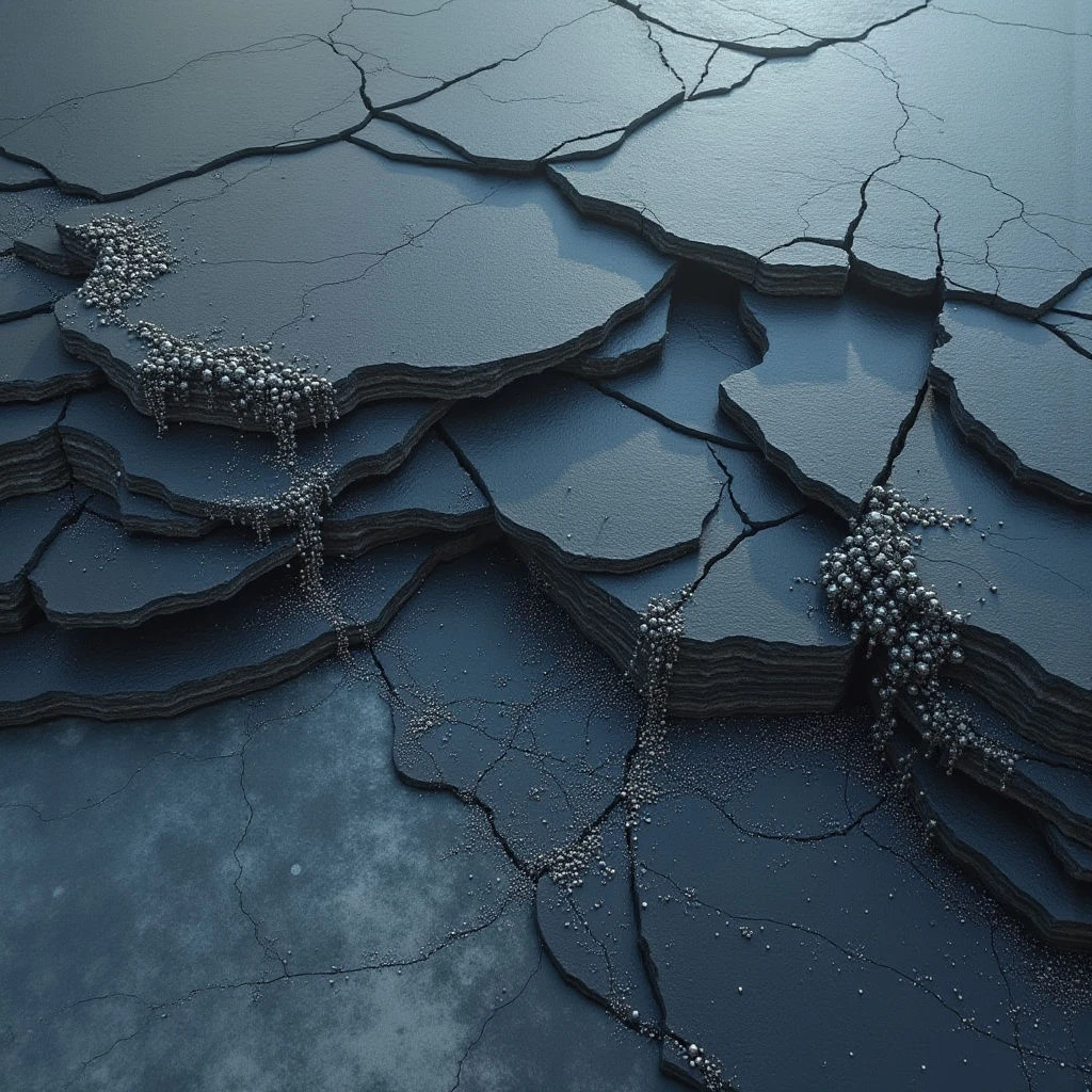 The image features a predominantly cool palette of blues and grays, with variations suggesting depth and shadow across layered formations. These formations are sharply defined by fractured edges and appear textured like sedimentary rock, contrasted by clusters of small, spherical objects scattered along some cracks. Light sources create highlights on the upper surfaces while casting shadows within the crevices, emphasizing a sense of three-dimensional space and downward perspective.