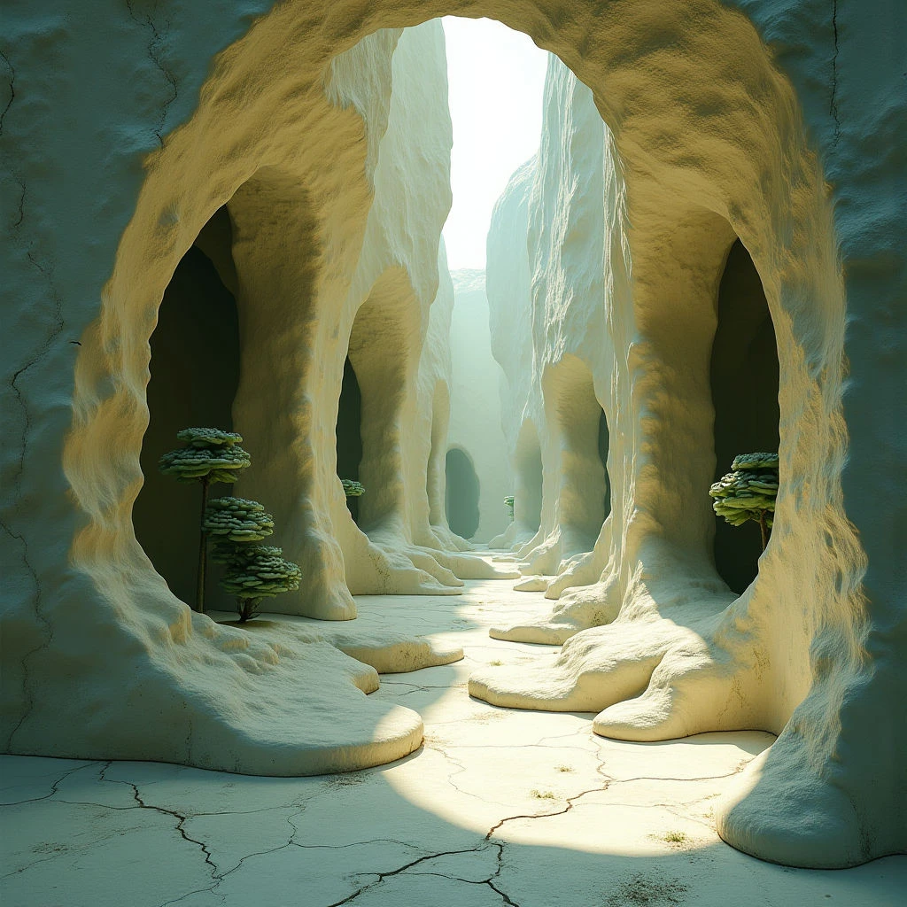 The image depicts a narrow canyon with smooth, undulating walls primarily in shades of pale beige and cream, contrasted by small patches of dark green vegetation. Light streams down from the distant opening, creating bright highlights on the foreground floor and casting shadows within the recesses of the rock formations. The space recedes linearly into a hazy distance, defined by repeating vertical shapes and an uneven, cracked ground plane.