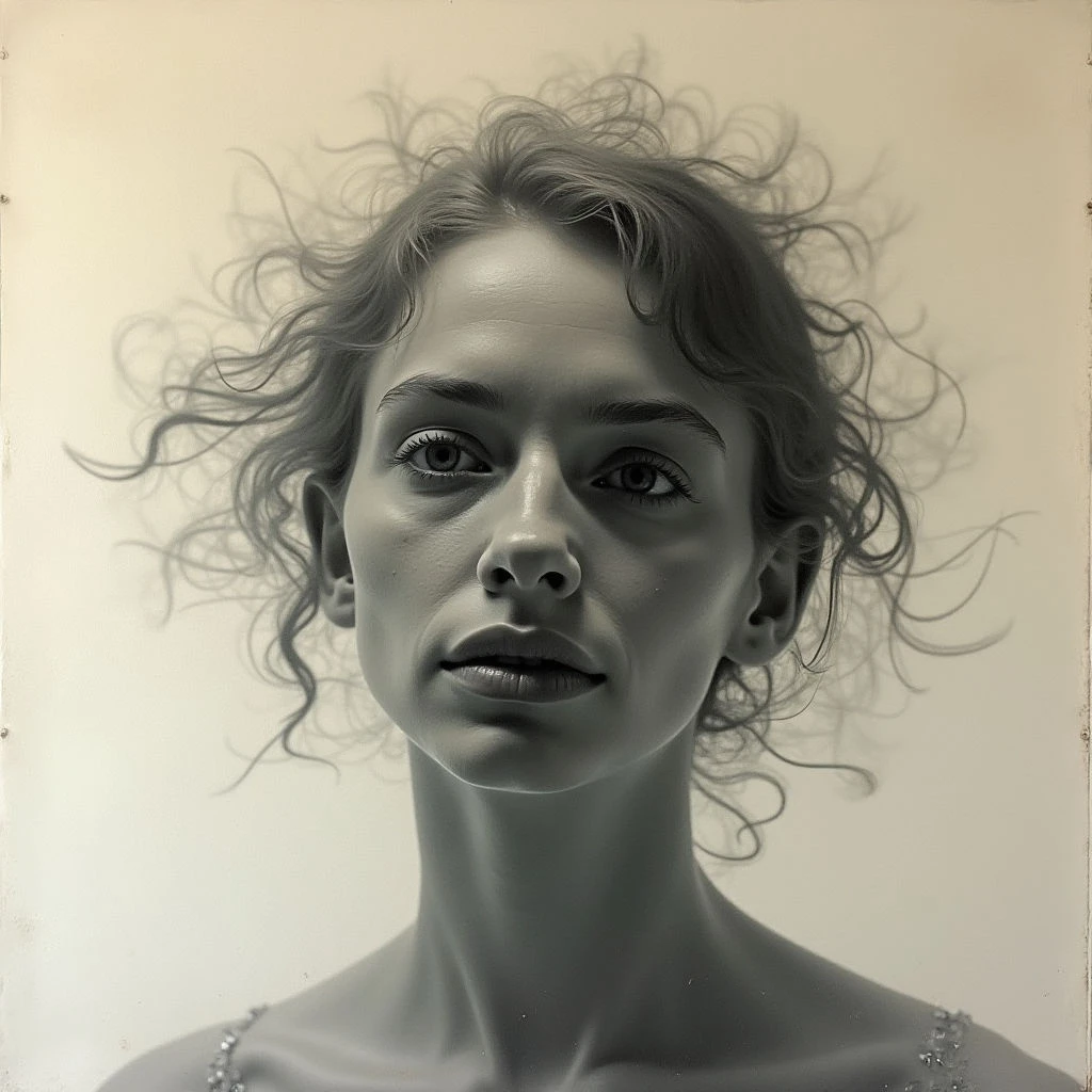 A young woman with striking eyes looks directly at the viewer, her expression contemplative and slightly melancholic. Her dark, wavy hair is caught mid-motion around her face, creating a dynamic halo effect. She wears a delicate, shimmering garment that hints at bare shoulders against a neutral background.