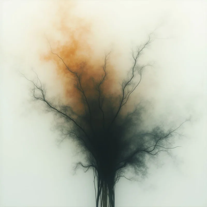 A stark, leafless tree dominates a pale background, its branches reaching outwards like veins. The upper portion of the tree fades into an amber haze, while the lower half dissolves into shadowy darkness. This creates a sense of duality and transition within the single form.